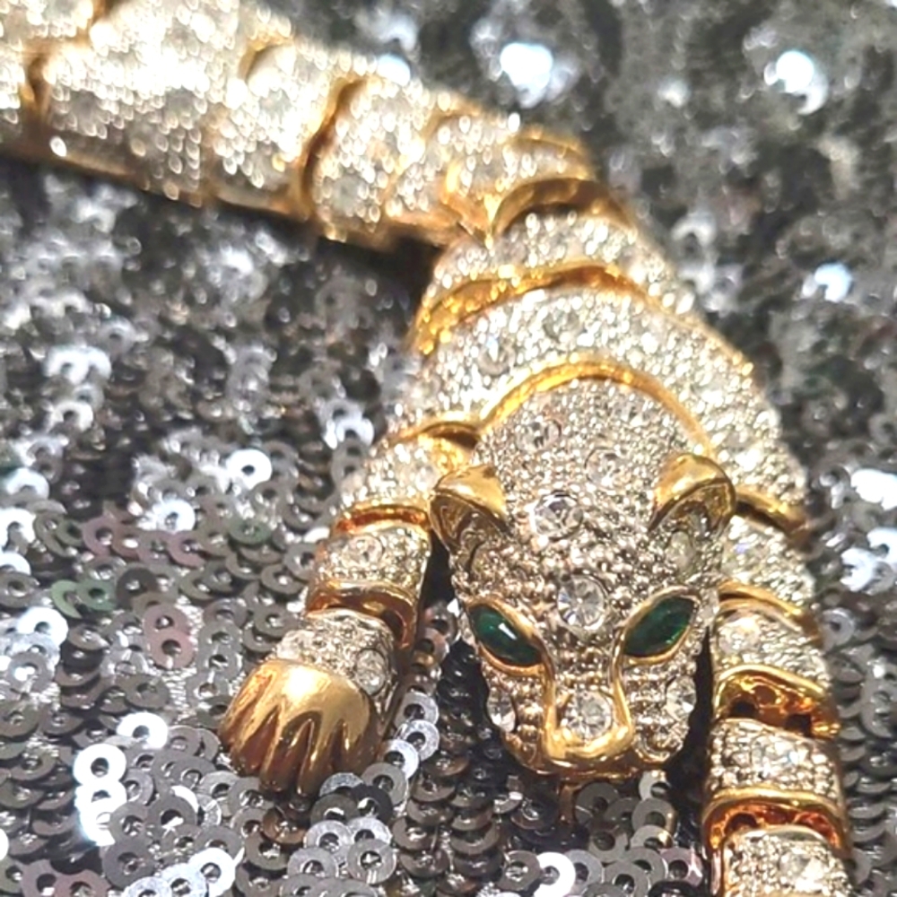 Tiger cat Bracelet gold tone articulated shoulder  rhinestone green eyes